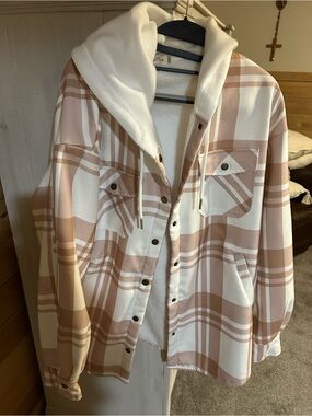 Plaid Hooded Utility Jacket in Blush & White